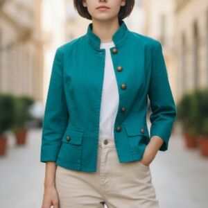 NINE & COMPANY STRETCH Teal Women's TOP with Button Detail SIZE 14